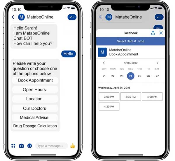 MatabeOnline Clinic Management Software Intelligent Facebook BOT for booking appointments automatically send patients appointment reminder notification via Facebook and Gmail